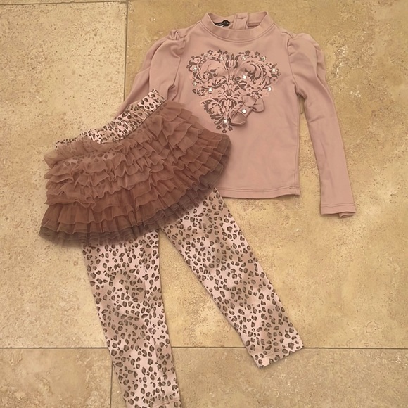 Kate Mack Pink Leopard Print Tutu Leggings and Puff Shoulder Top Size 2/2T - Picture 1 of 11